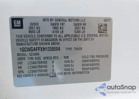 2017 Chevrolet Express 2500 Work Van из США, поврежденный, VIN 1GCWGAFFXH1338504